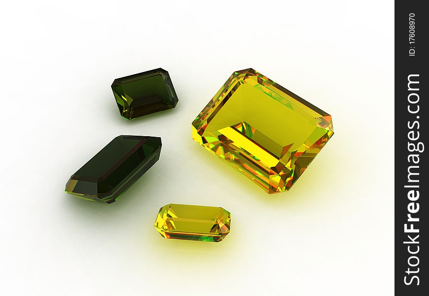 Four emerald cut yellow sapphires - 3D rendering. Four emerald cut yellow sapphires - 3D rendering