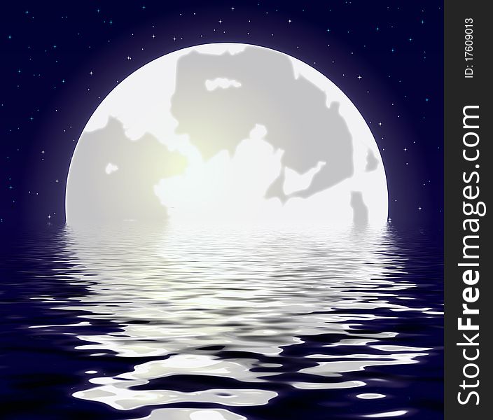 Moon against the starry sky reflected in water. Moon against the starry sky reflected in water
