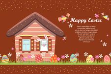 Happy Easter Greeting Card, Holiday Invitation. Fairytale House, Easter Bunny Peeps Out The Window. Painted Eggs Are Hidden In Stock Photo