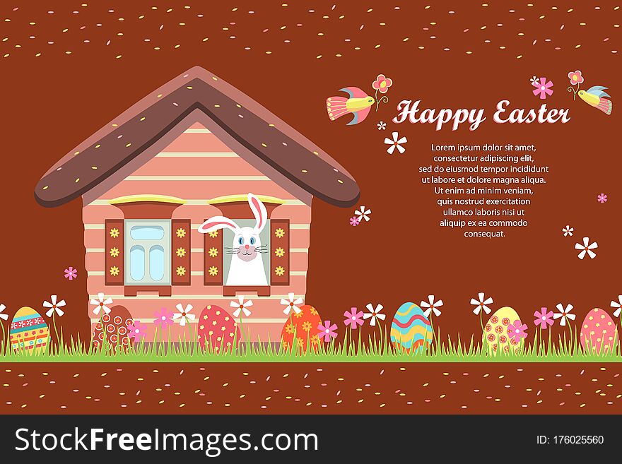 Happy Easter greeting card, holiday invitation. Fairytale house, an Easter bunny peeps out the window. Painted eggs are hidden in the grass with flowers. Sale, children`s egg hunt. Vector illustration. Happy Easter greeting card, holiday invitation. Fairytale house, an Easter bunny peeps out the window. Painted eggs are hidden in the grass with flowers. Sale, children`s egg hunt. Vector illustration