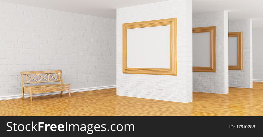 Gallery's hall with bench and picture frames