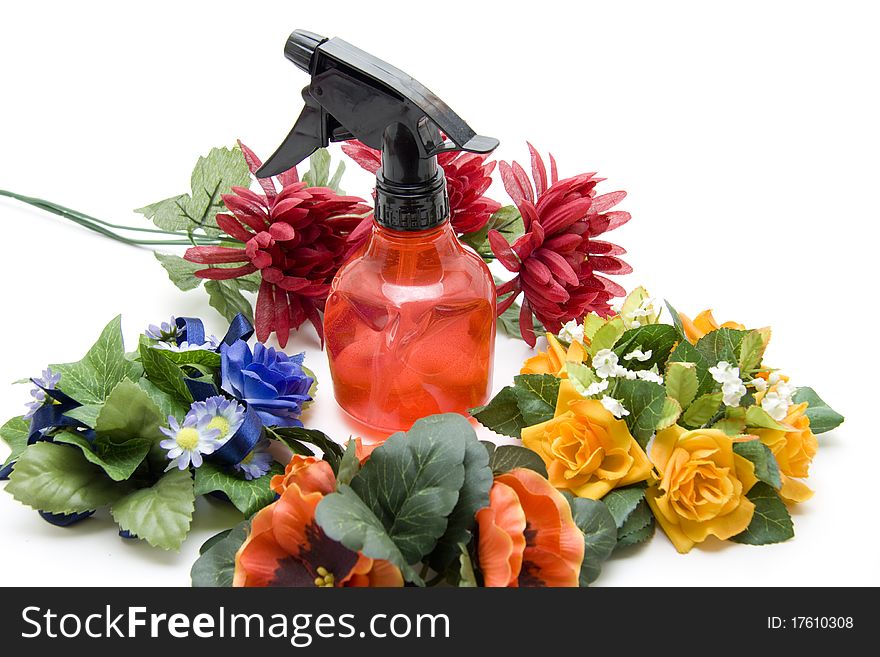 Colored bunches of flowers and spraying-bottle. Colored bunches of flowers and spraying-bottle