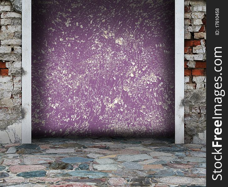 Purple grunge interior with columns and stone floor