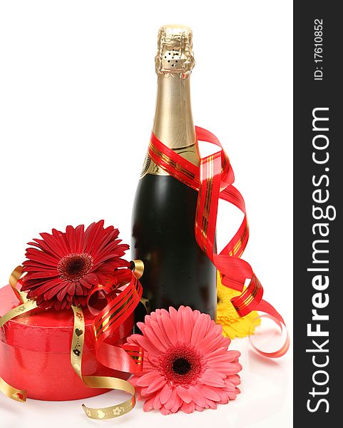 Champagne and flowers on a white background