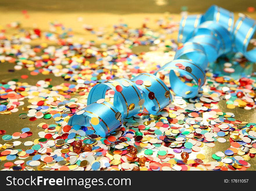 Blue streamer and color confetti. Blue streamer and color confetti