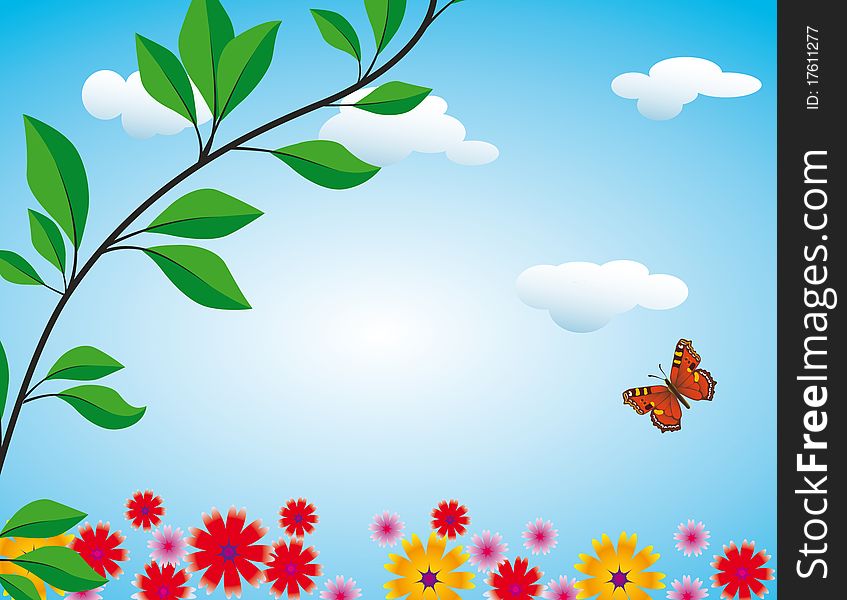 Flowers, Butterfly And Clouds