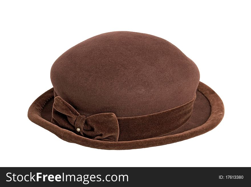 Fashionable and stylish, brown ladies hat on a white background. Fashionable and stylish, brown ladies hat on a white background