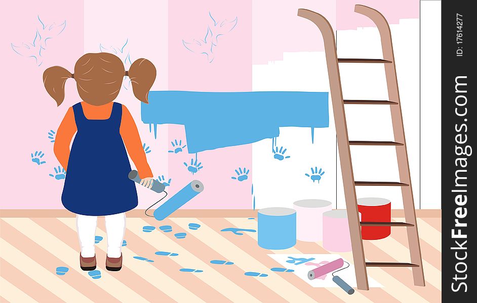 Little girl painting the walls, while the adults left the room. Little girl painting the walls, while the adults left the room