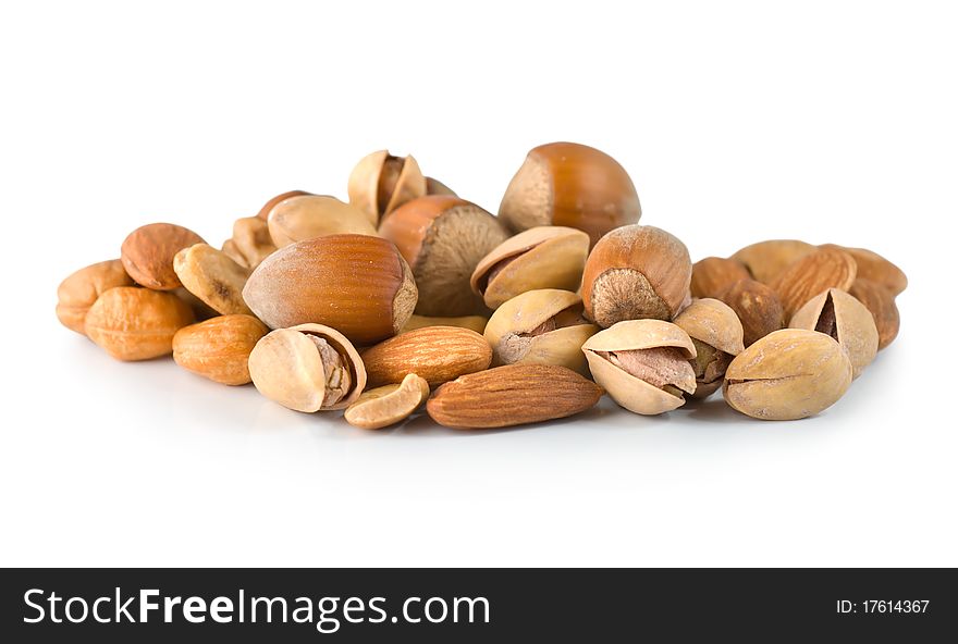 Cashews, hazelnuts, pistachios isolated on white background. Cashews, hazelnuts, pistachios isolated on white background