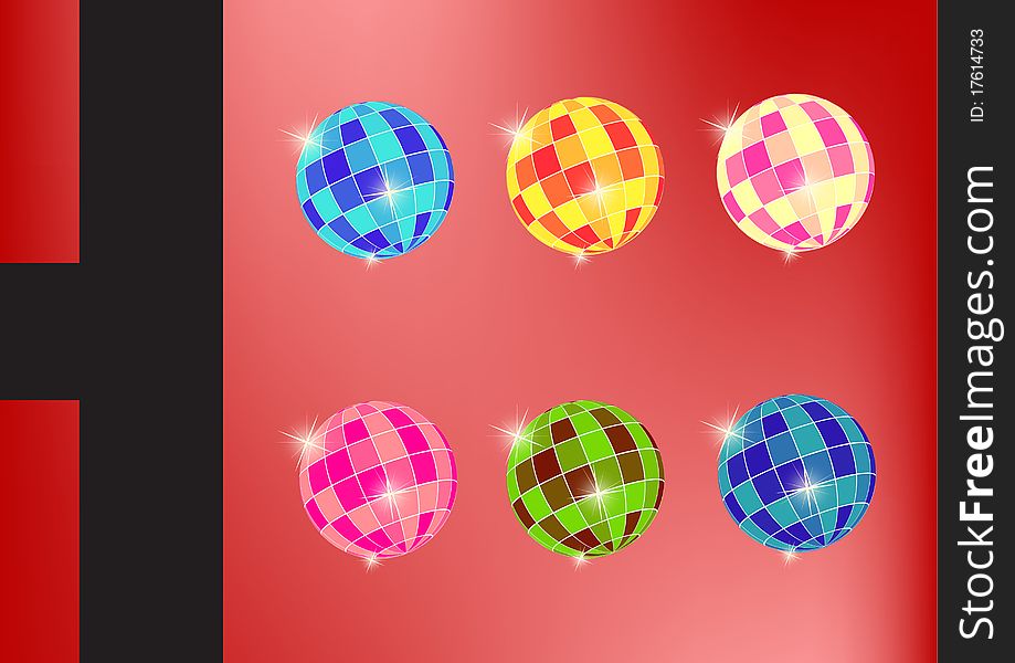 Colorful disco ball on red background