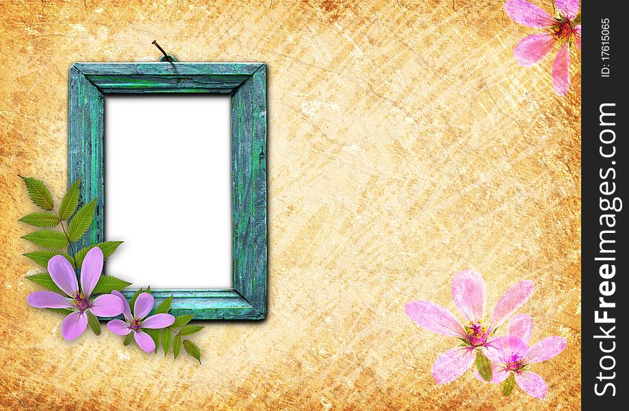 Old wooden frame nailed to the wall with lilac flowers