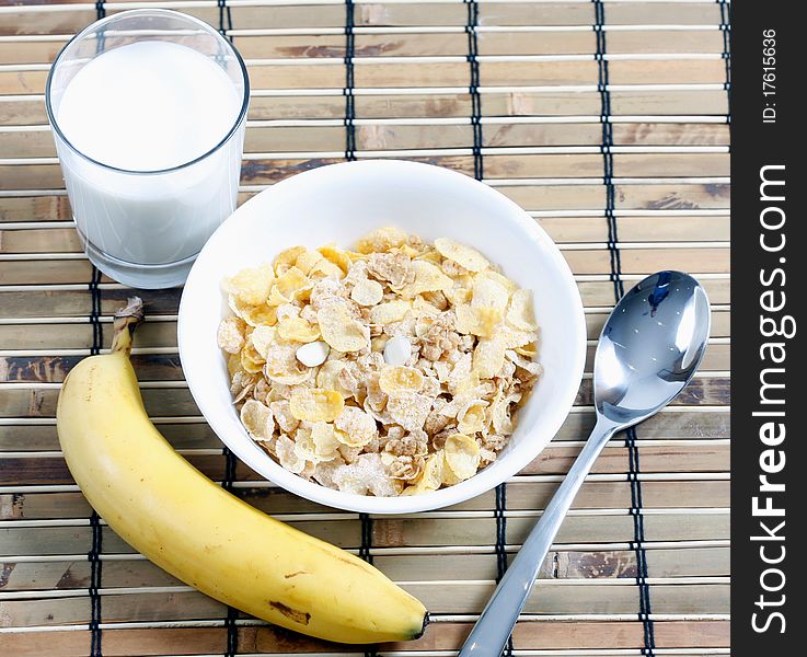 Cereal In Bowl With Milk And Banana