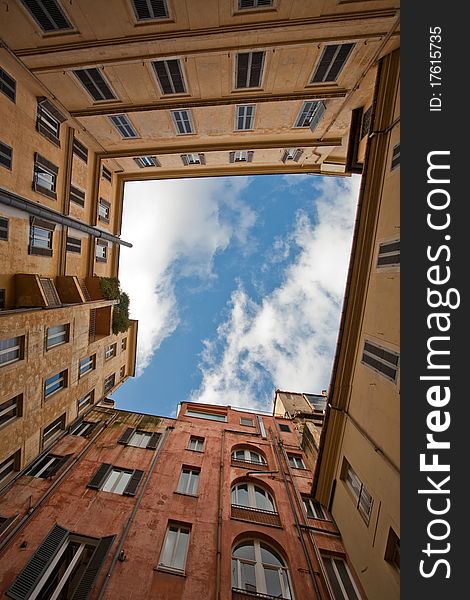 View on sky in Italian urban yard. View on sky in Italian urban yard