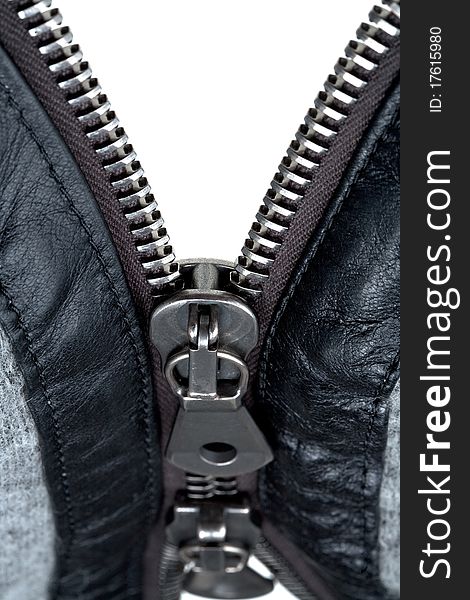 Metal double zipper lock in unzip wool jacket. close-up