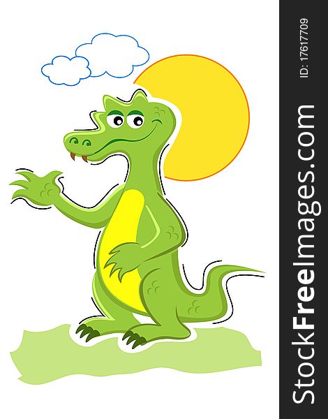 Illustration of happy crocodile with cloud and sun on white background