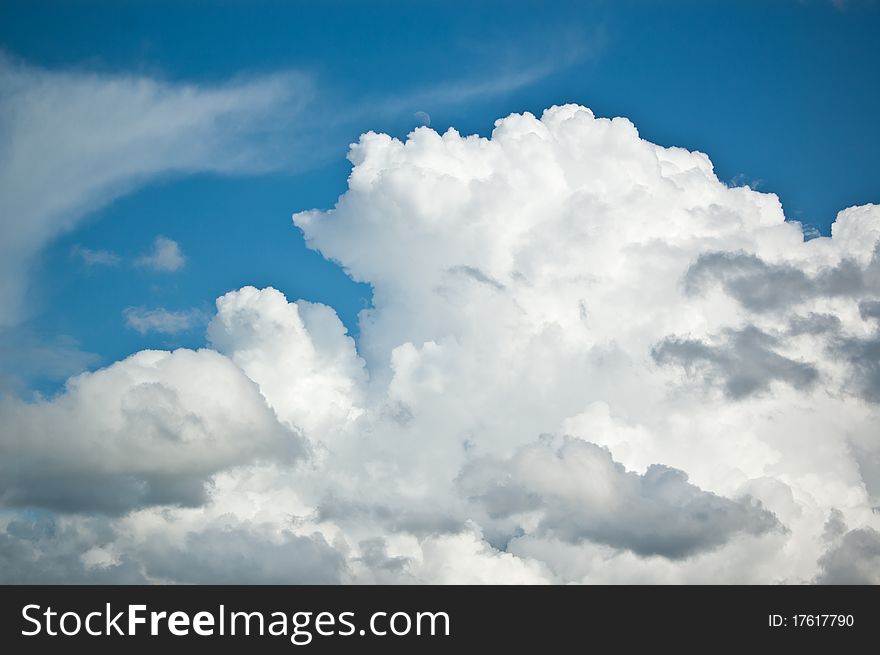 A cloudscape with a mix of puffy and wispy clouds in a blue sky.