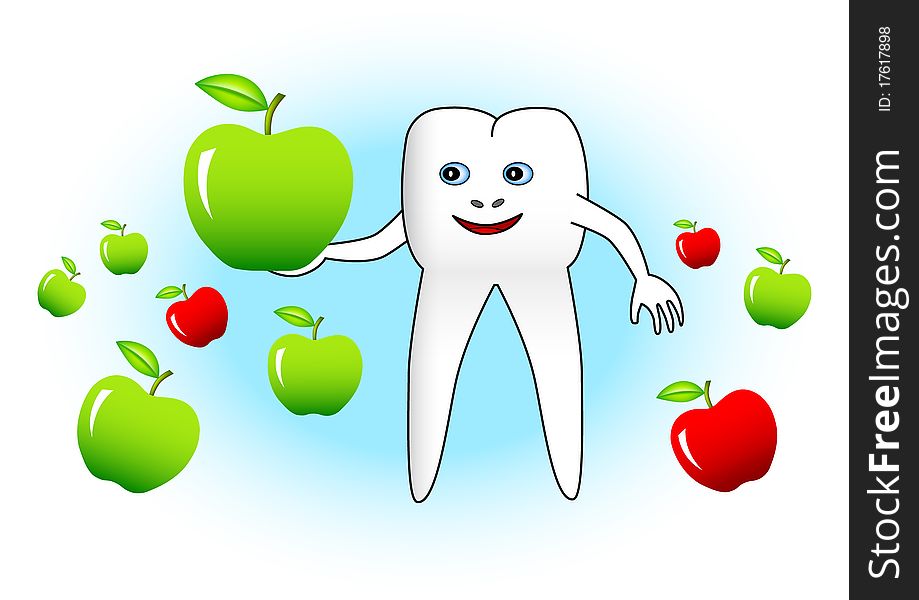 White tooth with green and red apples