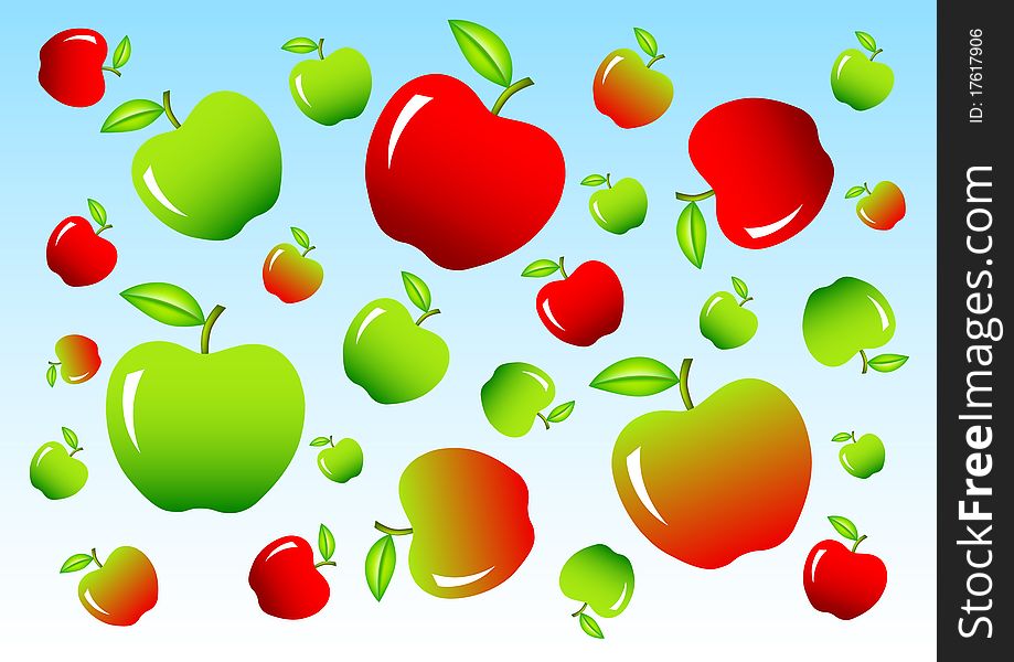 Green and red apples on a blue background