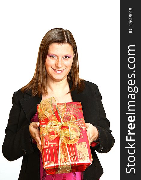 Closeup of a laughing young girl with gift. Closeup of a laughing young girl with gift