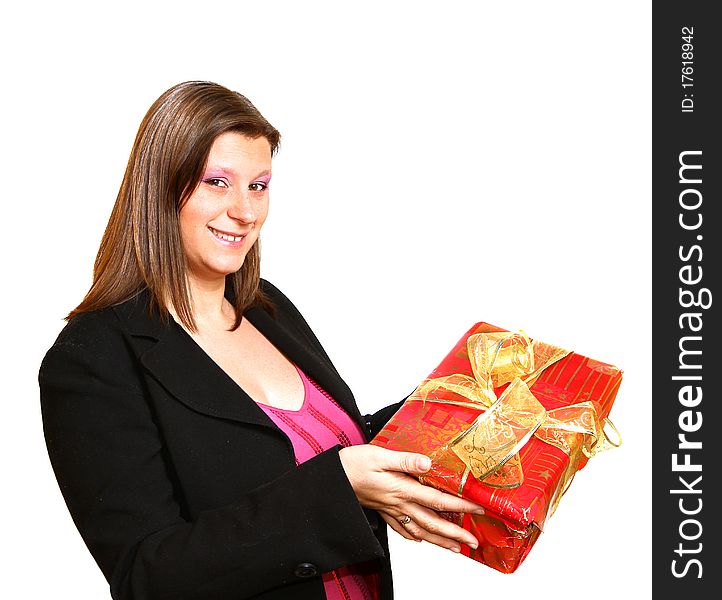 Closeup of a laughing young girl with gift. Closeup of a laughing young girl with gift