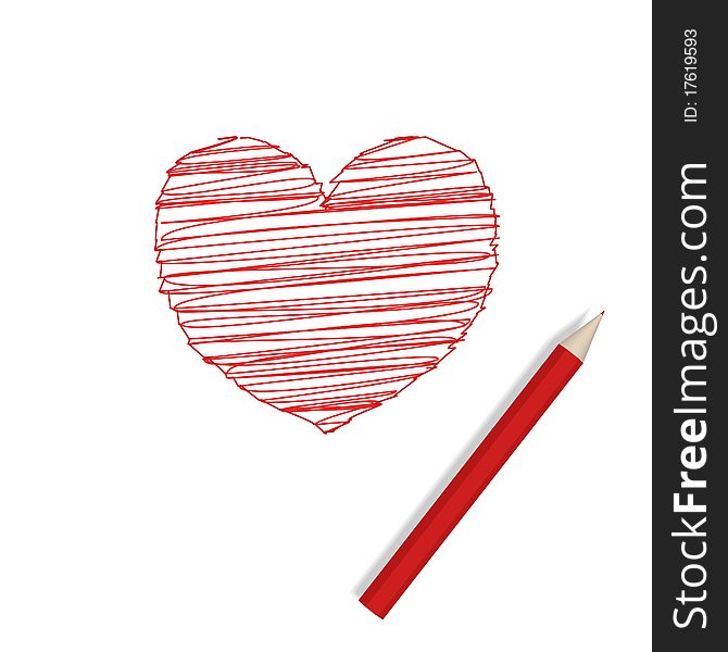 Thick red pencil lies on a sheet of paper. Next picture of the heart. Thick red pencil lies on a sheet of paper. Next picture of the heart