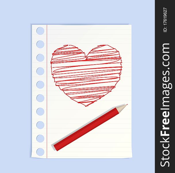 Thick red pencil lies on a sheet of paper. Next picture of the heart. Thick red pencil lies on a sheet of paper. Next picture of the heart