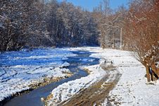 Snowy Muddy Trace Near Curved River Stock Image