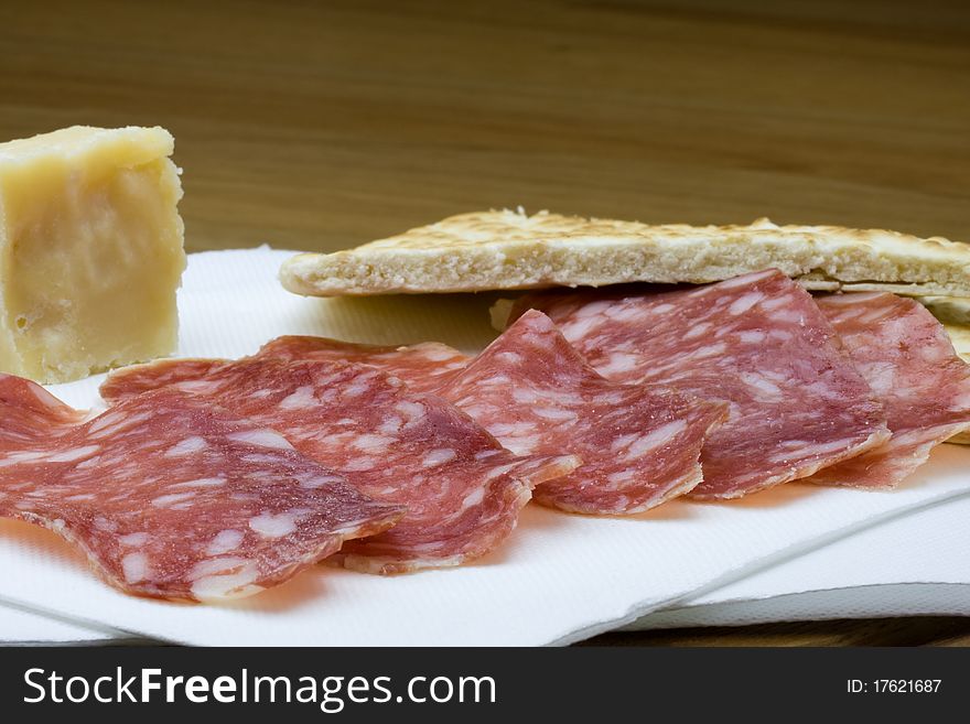 Piadina, salami and cheese snack. Piadina, salami and cheese snack