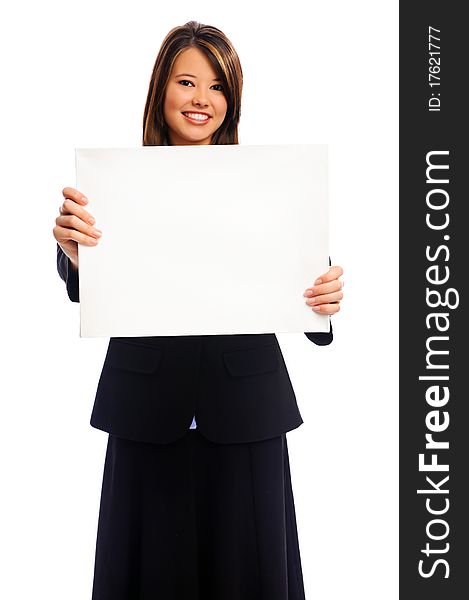 Businesswoman holding a white board