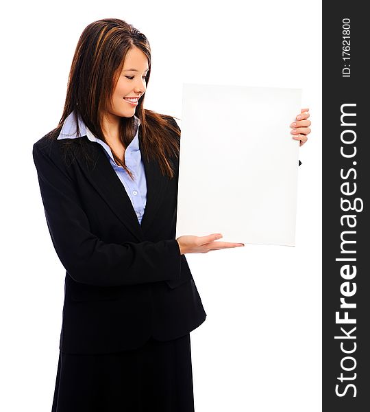 Businesswoman in suit holding an empty white sign, isolated on white. Businesswoman in suit holding an empty white sign, isolated on white