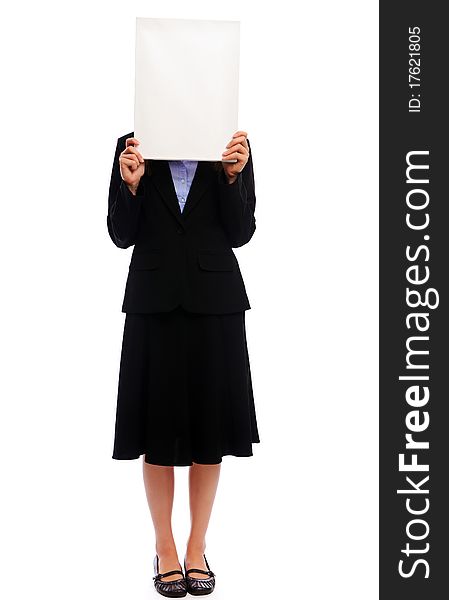 Businesswoman holding a white board