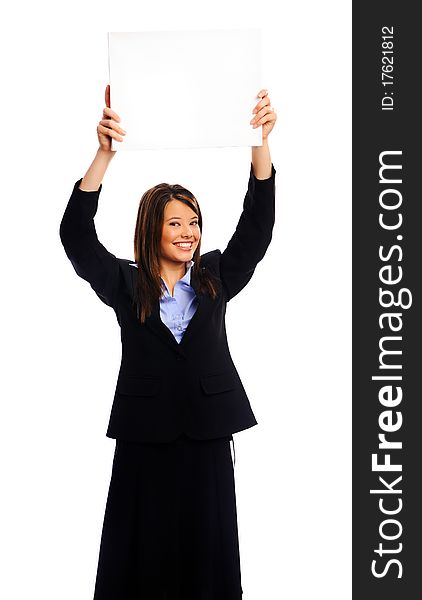 Businesswoman in suit holding an empty white sign, isolated on white. Businesswoman in suit holding an empty white sign, isolated on white