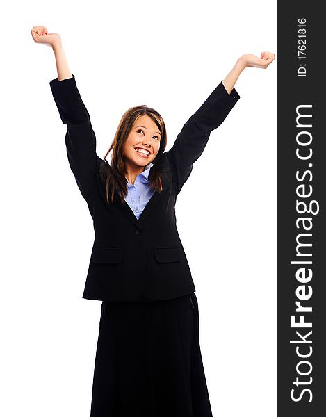 Happy buisnesswoman raises her arms to signify success. Happy buisnesswoman raises her arms to signify success
