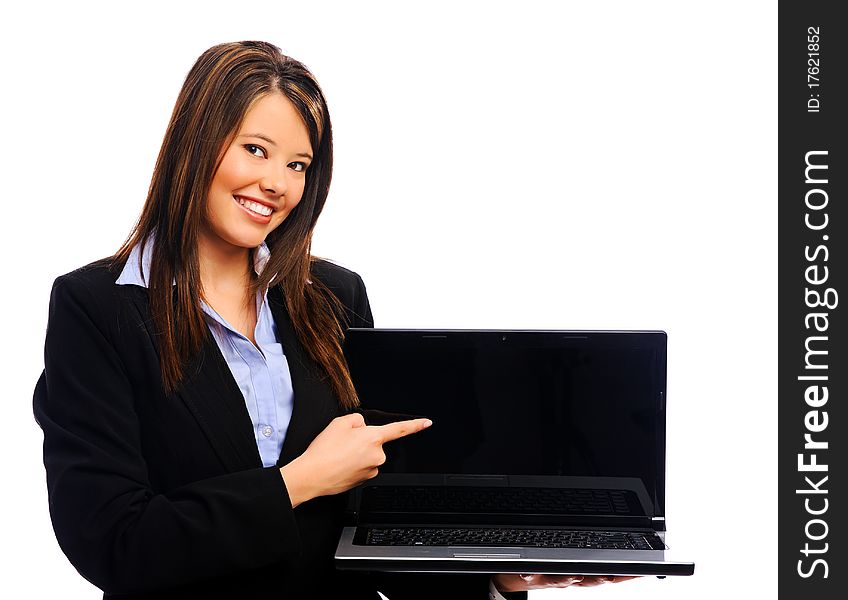 Successful businesswoman holding her laptop, isolated on white. Successful businesswoman holding her laptop, isolated on white