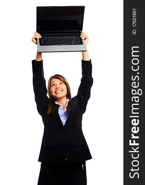 Successful businesswoman holding her laptop, isolated on white. Successful businesswoman holding her laptop, isolated on white