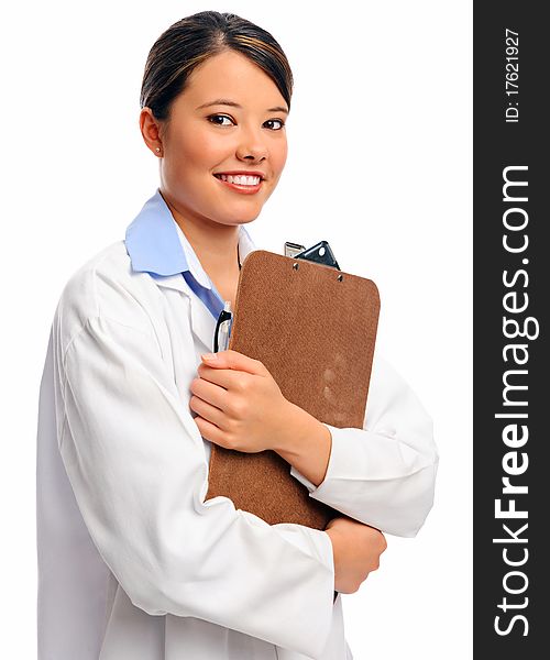 Smiling female doctor with a clipboard, isolated on white. Smiling female doctor with a clipboard, isolated on white
