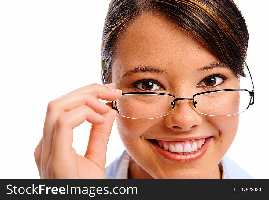 Close up portrait of a model holding on to glasses, isolated on white. Close up portrait of a model holding on to glasses, isolated on white