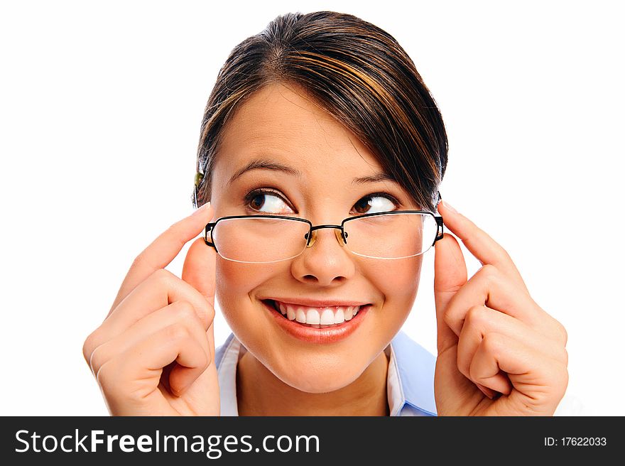 Portrait of a smiling young woman holding on to her spectacles, isolated on white. Portrait of a smiling young woman holding on to her spectacles, isolated on white