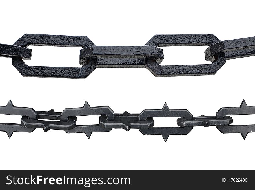 Collection of metal chain parts on white background.