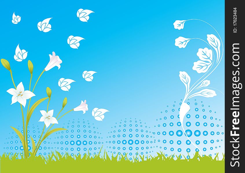 Abstract flower spring illustration  flower blue grass sky. Abstract flower spring illustration  flower blue grass sky