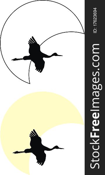 Silhouettes of flying crane against moon - vector isolated illustration on white background.