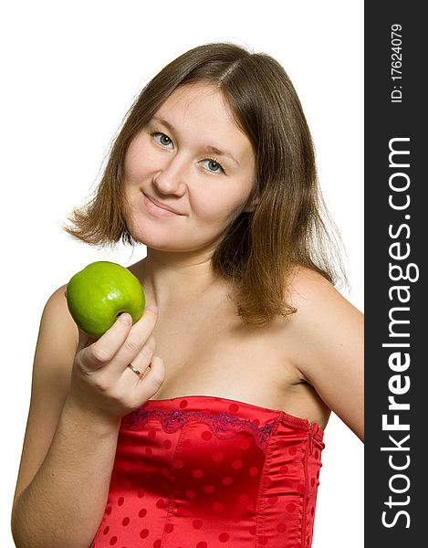 Portarit adorable young woman with green apple over white. Portarit adorable young woman with green apple over white