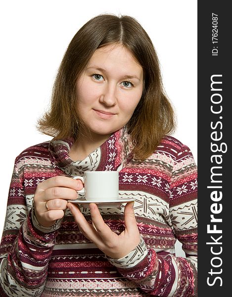 Portrait of adorable woman with cup over white. Portrait of adorable woman with cup over white