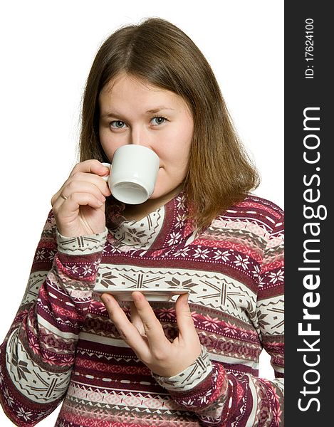 Adorable woman is drinking coffee or tea over white. Adorable woman is drinking coffee or tea over white