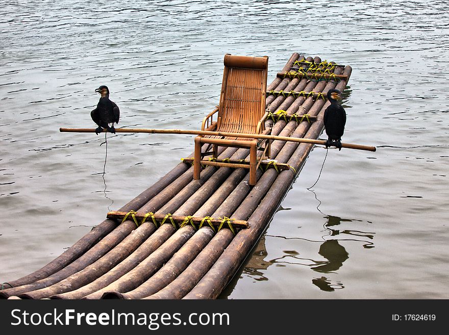 Two cormorants on the bamboo raft. Two cormorants on the bamboo raft
