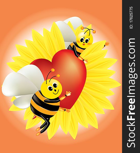 A composition for Valentine with two flirting honey bees, hearts and flowers. A composition for Valentine with two flirting honey bees, hearts and flowers