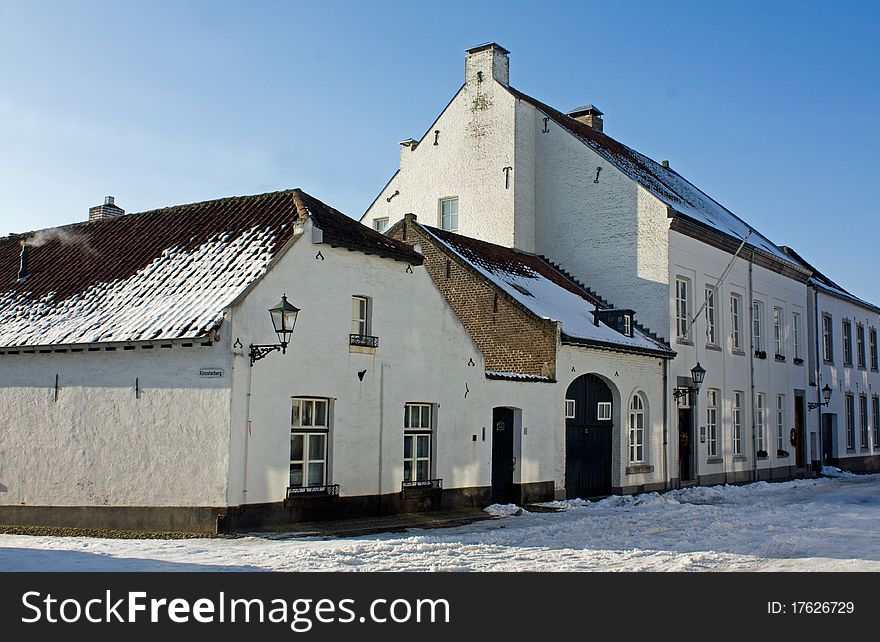 Old white historic houses in the city Thorn in Limburg in the Netherlands