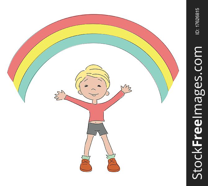 Happy boy with rainbow. Hand drawn illustration