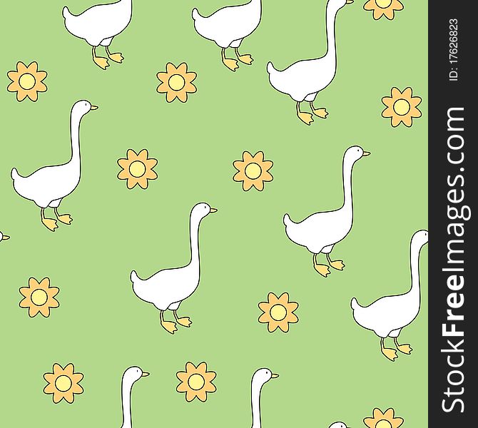 Cute seamless with gooses and flowers