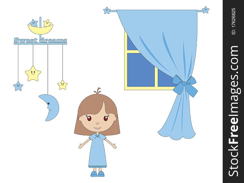 Sweet dreams.Cute interior elements with little girl